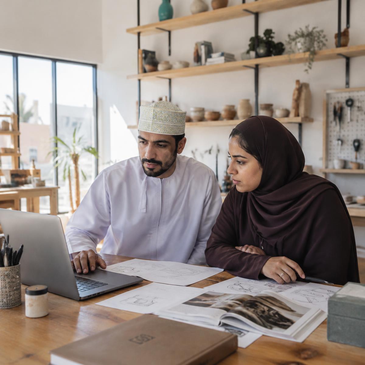 Two Omani entrepreneurs reviewing business plans together in a studio