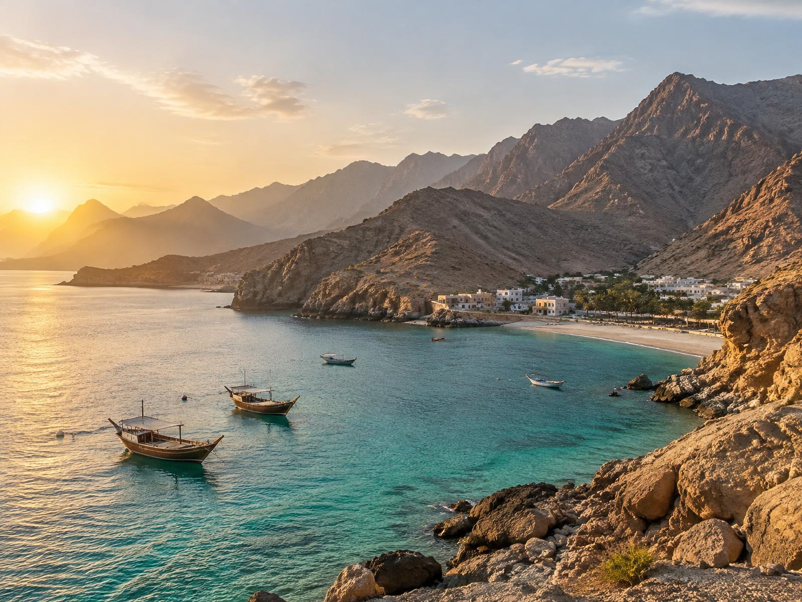 Omani coastline with mountains and traditional dhows